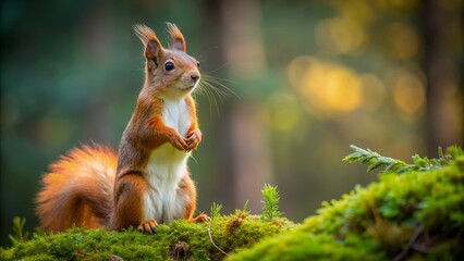 Amidst a lush forest, a confident red squirrel stands tall on its hind legs, paws clasped together, surveying its kingdom with an air of supreme dominance.