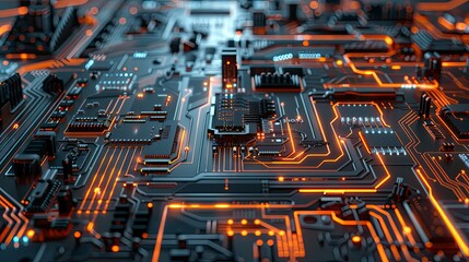 Poster - Futuristic Circuit Board with Glowing Orange Lines