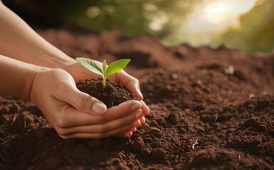 Plant in Hands. Ecology concept. Nature Background