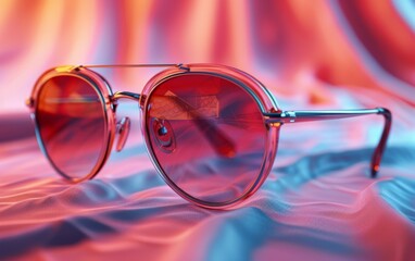 Sunglasses, eyeglass frames, eyeglasses, optical lenses, plastic, metal, against a colorful, transparent background.