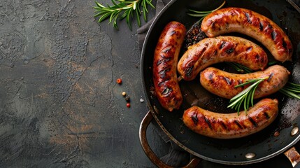 Canvas Print - Grilled sausages in a pan with space for text viewed from the top