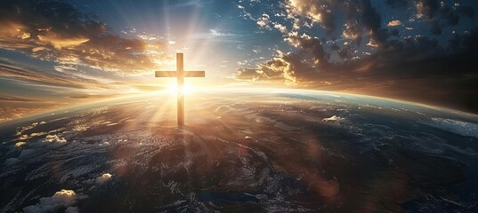 Jesus Cross over planet earth horizon with sunlight. Religion faith worship spirituality concept. Generative AI technology.