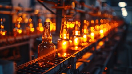 Focused shot of a glass bottle production line