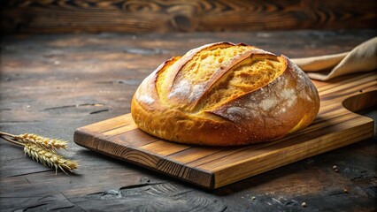 Wall Mural - Freshly baked bread with a golden crust sitting on a wooden cutting board, fresh, bread, baked, homemade, food, delicious, carbs