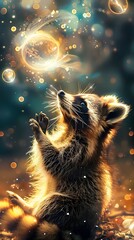 Poster - Raccoon Interacting with Ethereal Omega-9 Fatty Acid Orbs in a Fantastical Realm