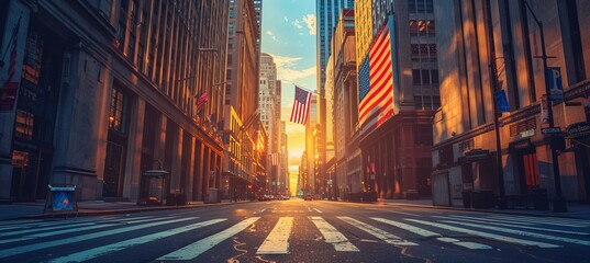 Sunset city street with America flag. 4th of July or America independence day. Generative AI technology.	
