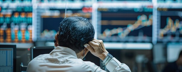 Poster - a somber scene at the bangkok stock exchange, capturing the tension and anxiety of traders as the th