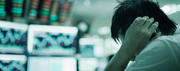 Poster - A somber scene at the Bangkok Stock Exchange, capturing the tension and anxiety of traders as the Thai stock market hits its lowest point in four years. The atmosphere is heavy with the gravity of