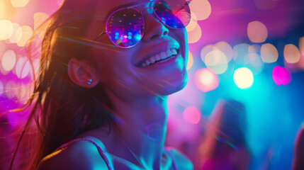 Wall Mural - Asian female in a night club wearing sunglasses, young Korean woman in a nightclub