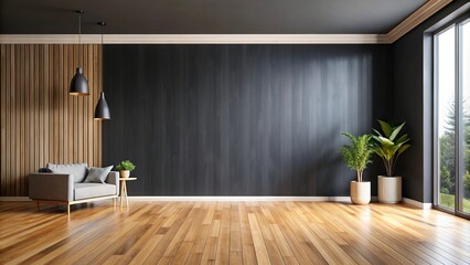 Wall Mural - Empty living room with black wall background and wooden floor, empty, room, black wall, background