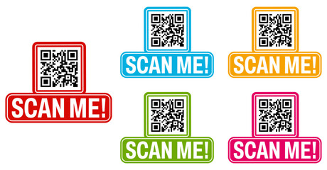 Poster - Set collections trendy colorful Scan me QR code icon sign. Inscription Barcode labels template design vector illustration