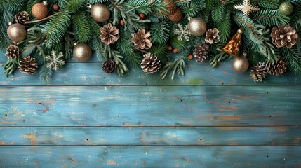 Wall Mural - Christmas background decorated with fir branches cones and ornaments on blue wood