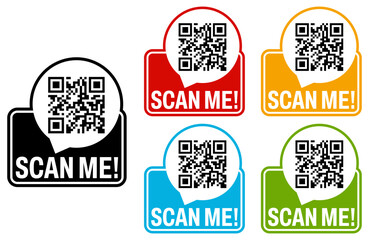Poster - Set Inscription QR code icon. Scan me labels sticker template design vector illustration