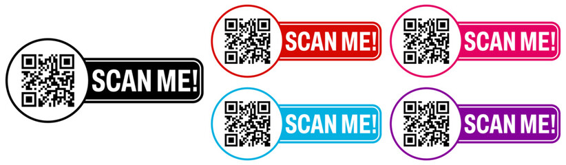 Poster - Set Inscription QR code icon. Scan me labels sticker template design vector illustration