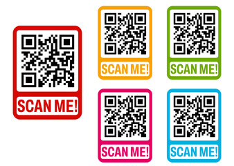 Poster - Set Inscription QR code icon. Scan me labels sticker template design vector illustration
