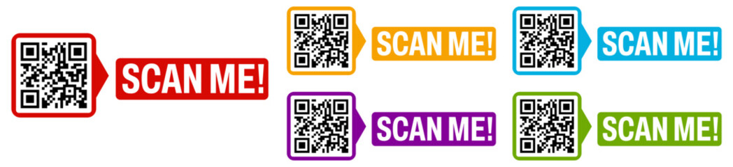 Poster - Set Inscription QR code icon. Scan me labels sticker template design vector illustration