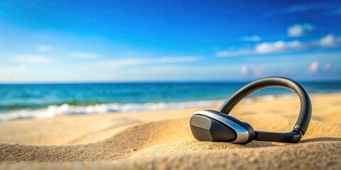 Canvas Print - Bluetooth headset with beach background, bluetooth, headset, technology, wireless, sound, music, summer, vacation, relaxation