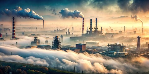 Wall Mural - Industrial town enveloped in thick smog and fog, pollution, haze, environment, factory, cityscape, urban, smoky