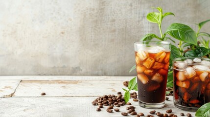 Iced coffee and beans on white wooden table outdoors Text space available