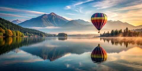 Wall Mural - Hot air balloon floating over serene lake with mountain backdrop, hot air balloon, lake, mountain, sky