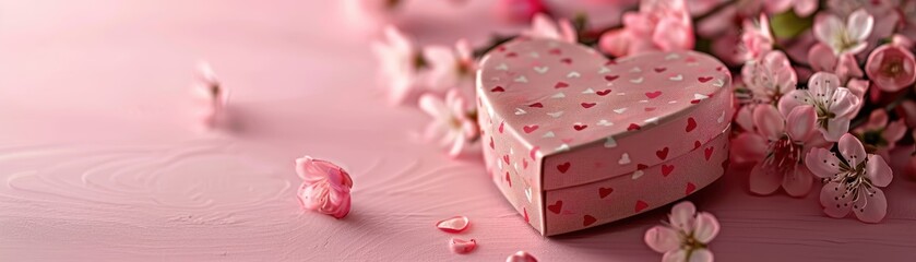 Wall Mural - A pink box with a ribbon and a bouquet of roses. The box is placed on a table with a grey background