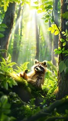 Wall Mural - Curious Raccoon Exploring Lush Forest Landscape with Soft Sunbeams