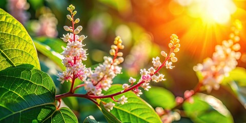 Wall Mural - Vibrant and colorful close-up of Japanese knotweed flower blooming in sunlight , invasive species, pink flowers, nature