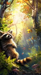 Poster - Curious Raccoon Exploring Omega-9 Symbols in Enchanting Forest Landscape