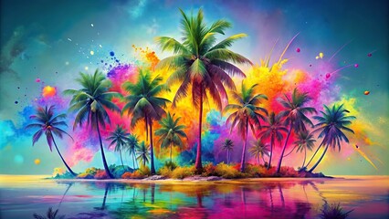 Sticker - Tropical vacation paradise on island with abstract palm trees in colorful paint splashes, tropical, sunny