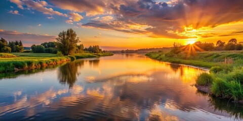 Wall Mural - Sunset casting a warm glow over a tranquil river, sunset, river, water, sky, dusk, reflection, peaceful, nature, landscape