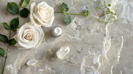 Wall Mural - Cream products and rose on natural stone background Organic skincare treatment
