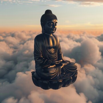 A large black Indian Buddha floats through white clouds