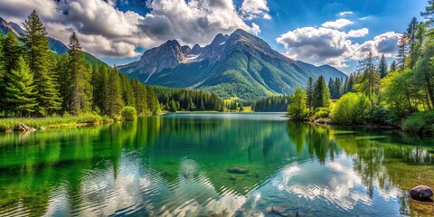 Wall Mural - Lake surrounded by lush green trees with a stunning mountain range in the background, scenic, tranquil, nature, landscape