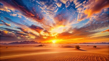 Wall Mural - Vibrant sunset over a serene desert landscape, sunset, desert, sky, colors, nature, beauty, horizon, dusk, outdoors, remote, peaceful