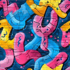 watercolor spray-painted graffiti letters and shapes, neon colors on brick wall texture, urban stree