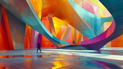 Wall Mural - Person exploring a futuristic, colorful building, Concept of modern architecture, art, design, and innovation