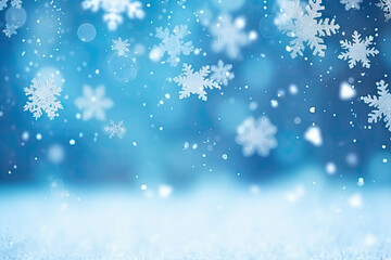 Sticker - Magical winter holiday background with falling snowflakes and a dreamy blue atmosphere.