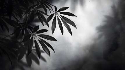 Wall Mural - Shadow and sunshine of leaf reflection. Jungle leaves tree gray darkness shade and light on wall wallpaper, shadows overlay effect, mockup design. Grey tropical shadow foliage artistic background