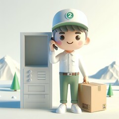 Happy delivery man with cardboard box .3d illustration.	