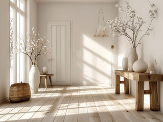 Wall Mural - Minimalistic Modern Entrance Hall with White Walls and Wooden Console Table