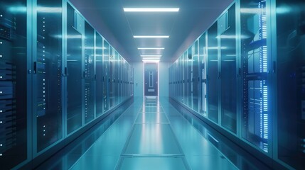 Wall Mural - Futuristic server room with glowing blue lights, representing data storage, cloud computing, and cybersecurity