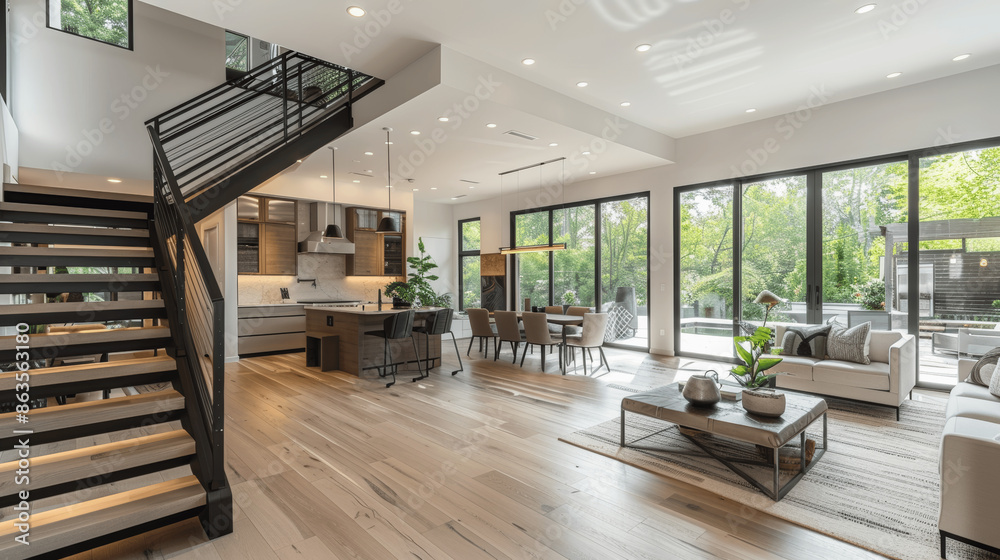 Modern open concept home with staircase kitchen living room white walls ...