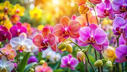 Wall Mural - Vibrant orchid flowers blooming in a lush garden setting, orchid, flowers, garden, vibrant, blooming, beauty, nature, botanical