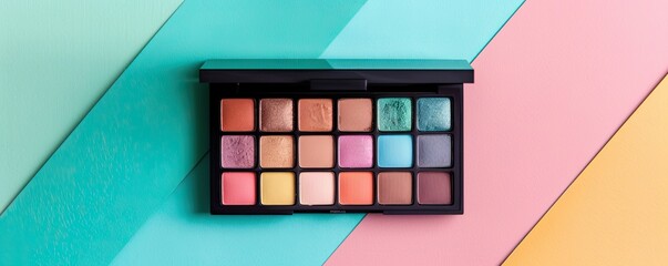 Chic eyeshadow palette on a multicolored geometric background, showcasing vibrant and trendy makeup options