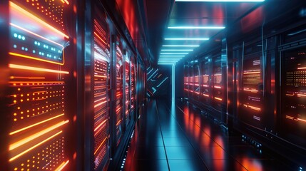 Wall Mural - Futuristic server room with glowing neon lights, powerful data center for cloud computing, hosting, and internet technology.