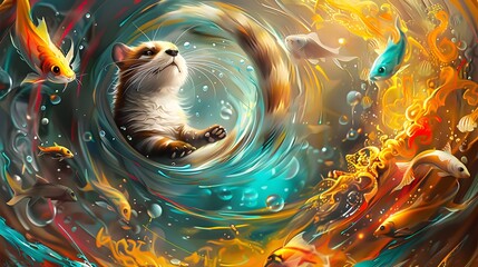 Poster - Polecat Surrounded by Swirling Omega-3-Rich Fish in an Underwater Fantasy