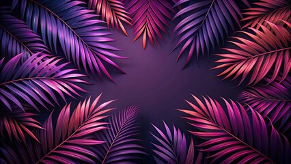 Dark purple and pink palm leaves background perfect for tropical or summer-themed designs, palm leaves, dark purple, pink