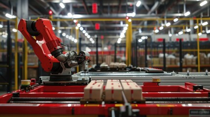 Wall Mural - Red robotic arm sorting packages on conveyor belt in a modern warehouse. Concept of automation, industry 4.0, artificial intelligence, and advanced technology in logistics.