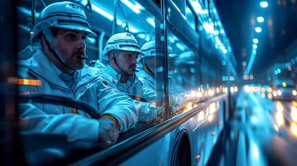 Labor Day image showcasing white bus drivers in uniform driving a bus, elegant and simple design