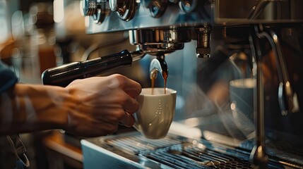 Barista using a coffee maker In a comfortable coffee shop atmosphere,close up, free space.